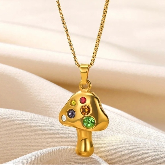 Moon Goddess Emporium Jewelry - 18K Gold Plated Bohemian Mushroom With Colored Zircon Inlay Necklace
